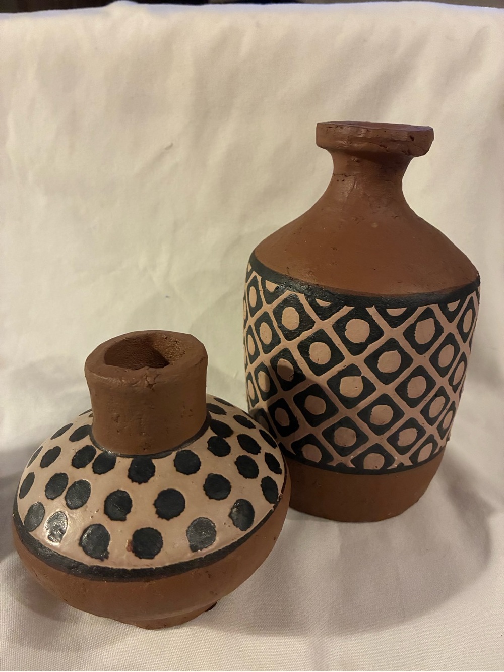 Terracotta Vases Set 2 Brown Black Polka Dot Vases Red Clay With Black/Tan Decor